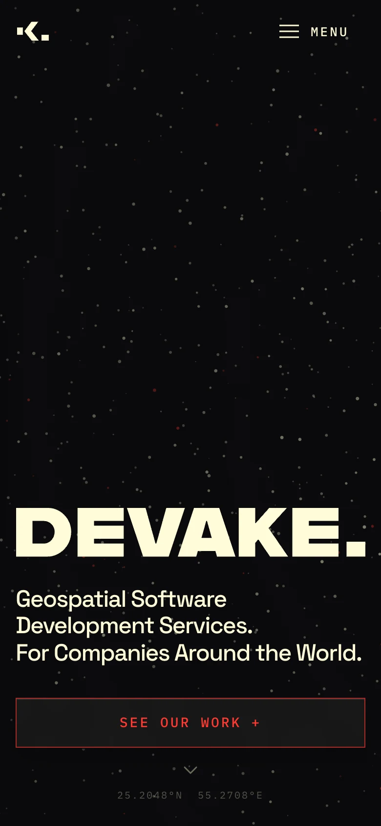 Compact Devake hero with logo at left, menu at right, and the primary call to action visible in the viewport.
