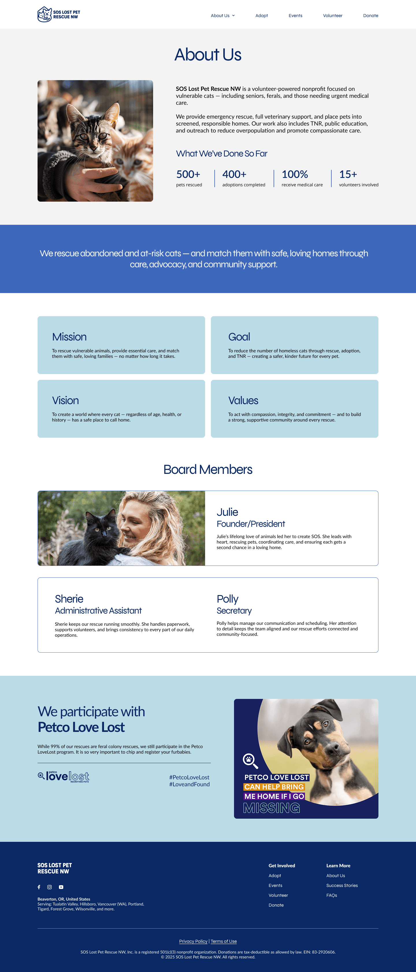 Final mockup — Available Pets page with filterable adoption carousel.