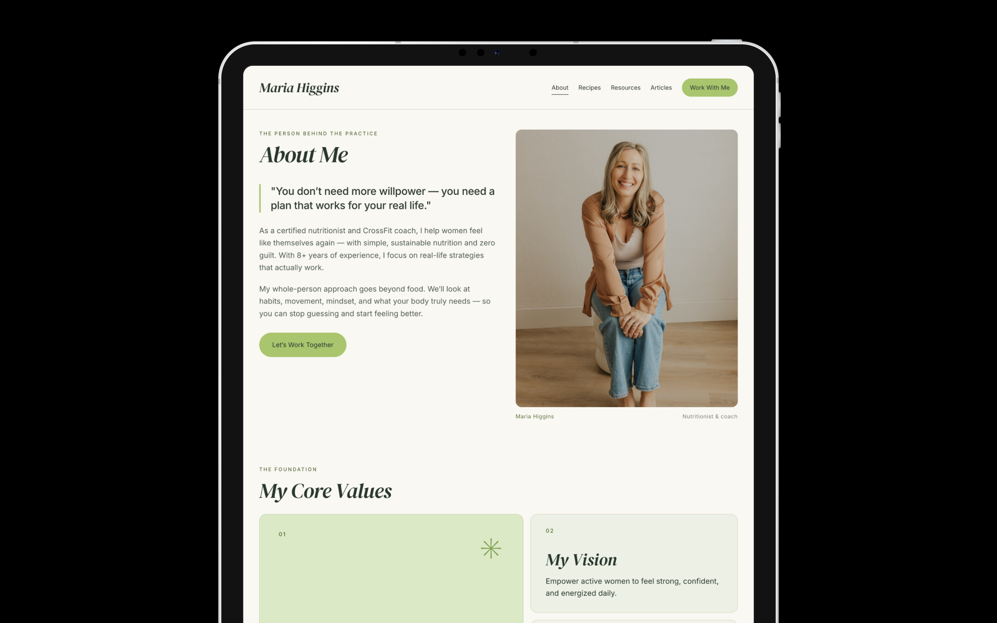 About page from the later portfolio concept, presenting Maria Higgins and her approach.