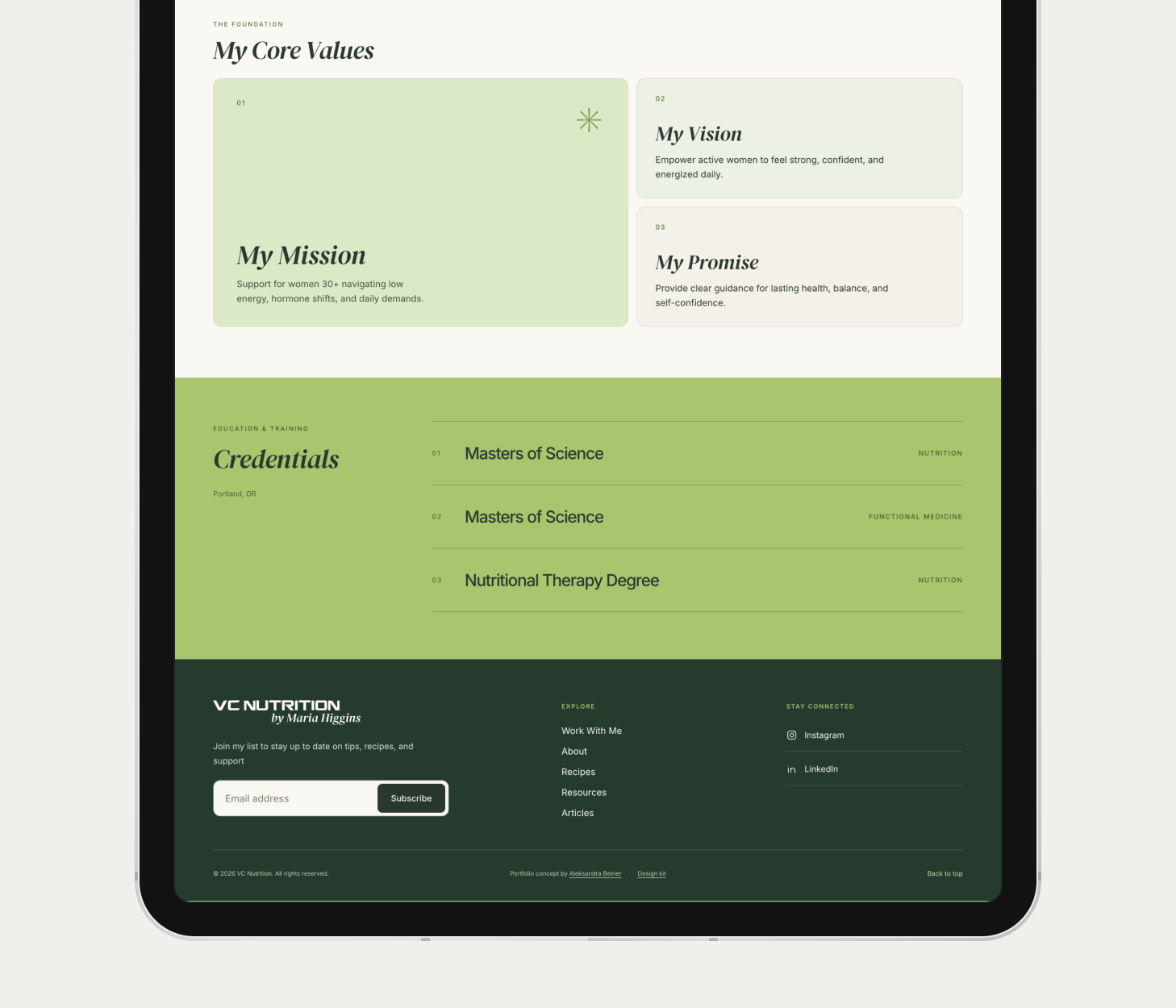 Credentials section layered over the About page in the later portfolio concept.