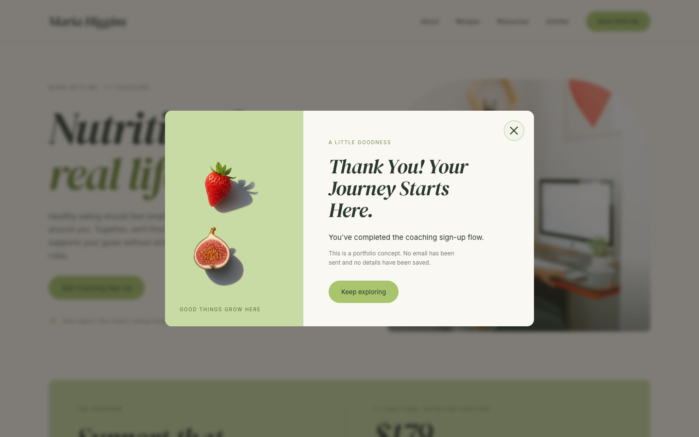 Confirmation screen explaining the form is a portfolio demo.