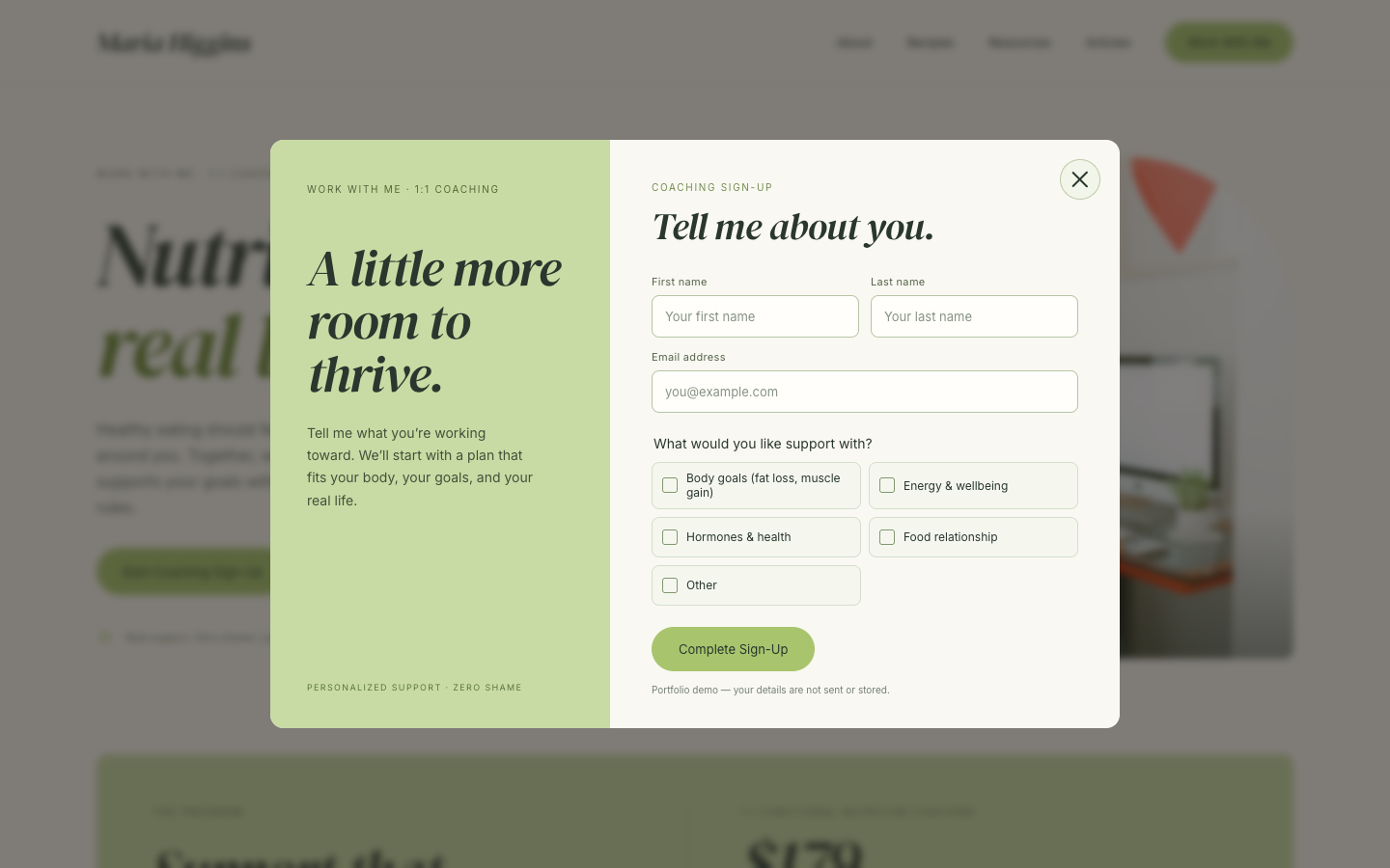 Short on-site sign-up form from the independent portfolio concept.