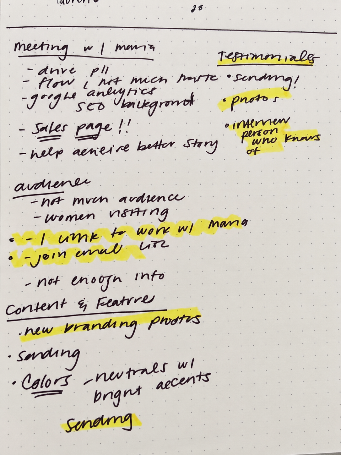 Handwritten stakeholder meeting notes about the service story and ways to work with Maria.