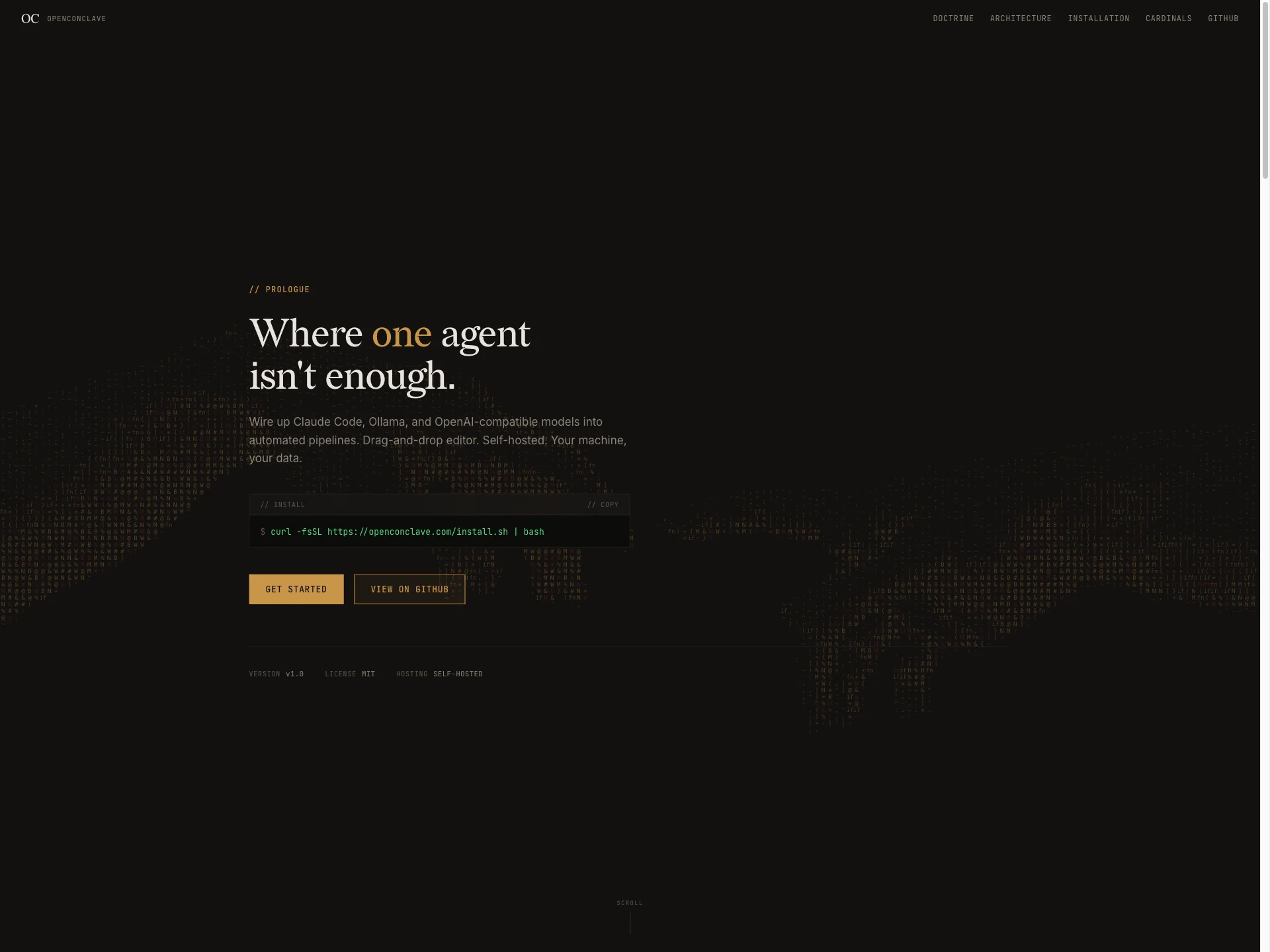 OpenConclave hero — dark editorial title "Where one agent isn't enough" over a faint world-map dot pattern.
